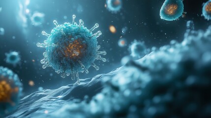 Obraz premium A futuristic rendering of nanobiotechnology with floating microscopic cellular models.