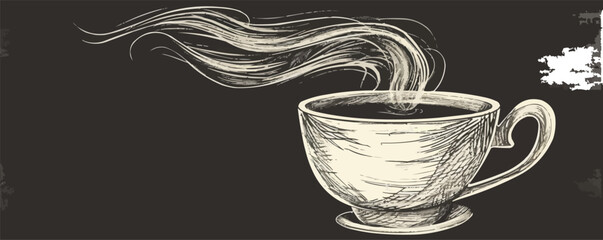 Steaming coffee cup sketch with swirling aroma on dark background.