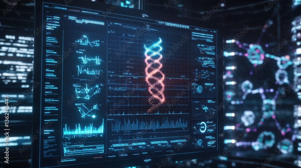 Poster a futuristic representation of bioinformatics, where digital interfaces analyze genetic codes.