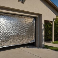 A heat-resistant thermal reflective cover shielding a garage door, reducing internal heat transfer.


