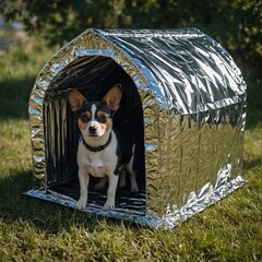 A reusable thermal reflective cover placed on a pet house, keeping animals cool during summer.


