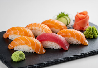 Assorted Nigiri Sushi Platter on Dark Slate Plate