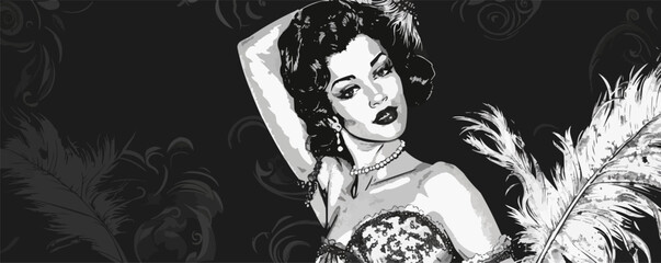 Fototapeta premium Elegant vintage style portrait of young caucasian female with feather boa.