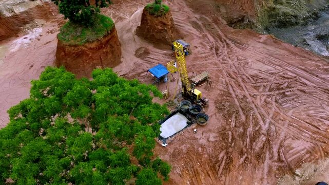 Aerial orbit, gold digging, industrial extraction equipment, quarry site
