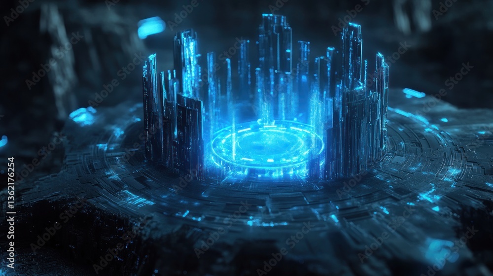 Poster futuristic cybernetic city scape with glowing core symbolizing interconnected network