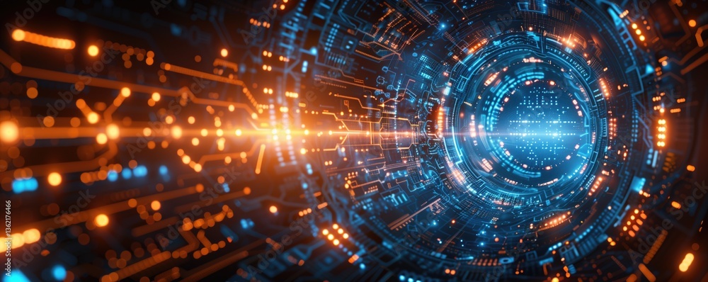 Poster futuristic digital data tunnel with blue and orange light patterns