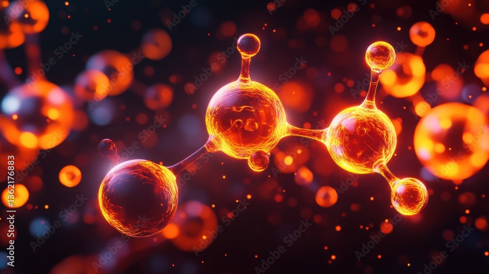 Poster a glowing d rendering of molecular bonds connecting in a dynamic chemical reaction.