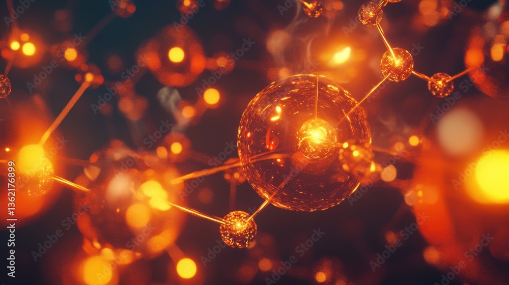 Poster a glowing d rendering of molecular bonds connecting in a dynamic chemical reaction.