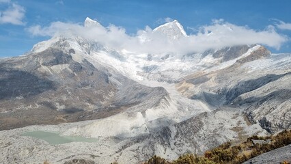 Panoramic View of Pisco Mountain with Glacier and Glacial Lake, Cordillera Blanca, Peru