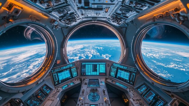 Interior of a spaceship with digital control panels, holographic displays, and large circular windows overlooking space