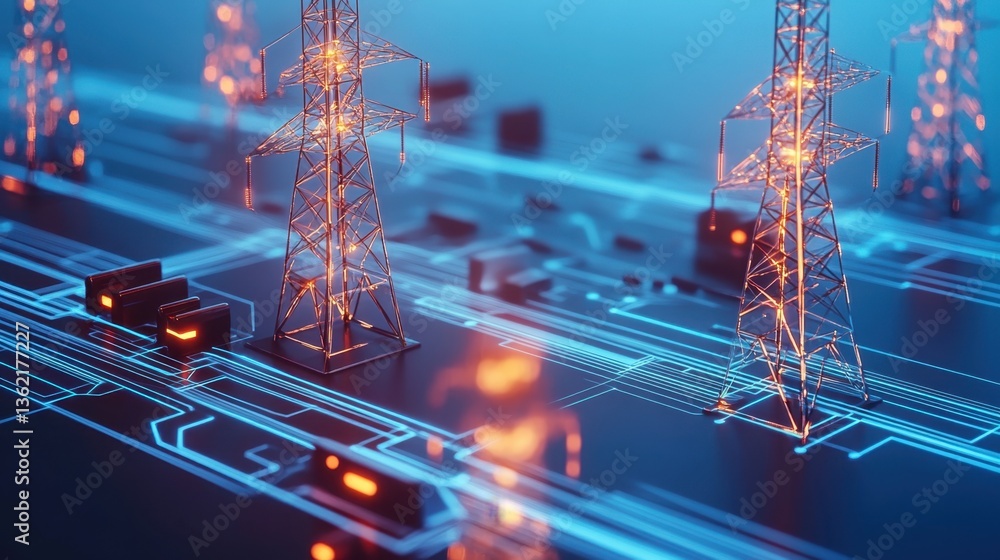Poster a glowing conceptual digital rendering of a smart grid managing renewable energy flow.