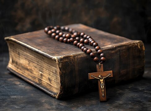 Antique Holy Bible with Rosary Beads and Wooden Cross Still Life