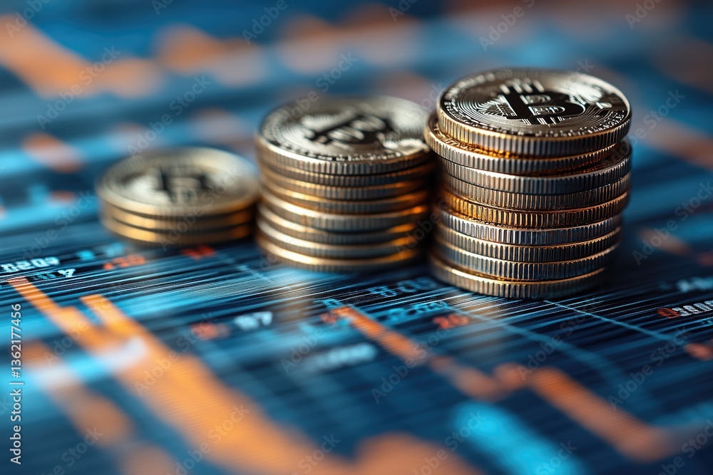 Aufkleber stacks of bitcoin coins on digital financial chart displaying market dynamics