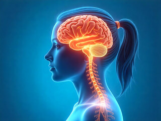 3D medical illustration of human brain and spinal cord anatomy with glowing neural connections  