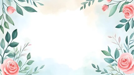 Beautiful watercolor floral frame with roses and green leaves details