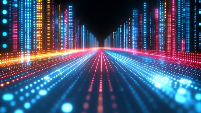 Futuristic digital city with glowing lines and skyscrapers.