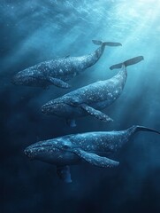 Naklejka premium Four blue whales gracefully swim in the ocean, their bodies glistening with a starry pattern.