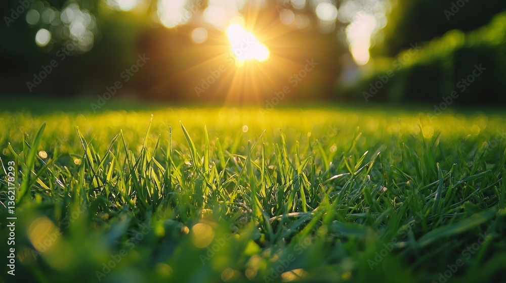 Poster sunlight filters through lush green grass in a serene garden. the warm glow of dusk creates a peacef