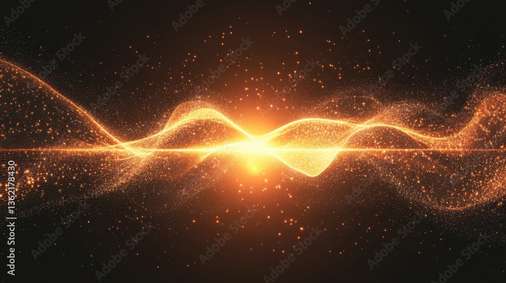 Poster a glowing quantum wave function visualized in a futuristic, digital environment.