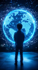 Fototapeta premium Milestone Courage Dream Big, a cybernetic city where a young visionary gazes at a holographic world map, planning the future of innovation