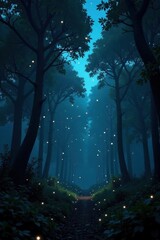 Obraz premium Dark forest canopy, firefly lights dance among branches, canopy, serene