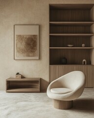 Minimalist living room with beige armchair, wooden shelves, and artwork.