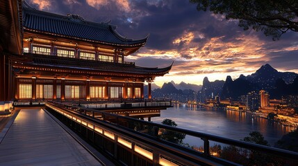 Obraz premium Serene Sunset over Guilin's Li River from a Traditional Chinese Pavilion