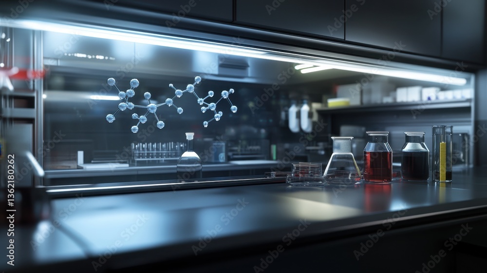 Poster a high-tech laboratory with molecular models floating in a transparent digital display.