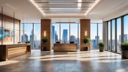 Fototapeta premium Spacious modern office interior with city view