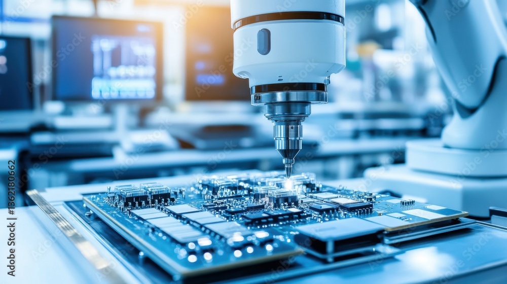 Poster a high-tech robotic arm carefully assembling microchips in a clean lab.