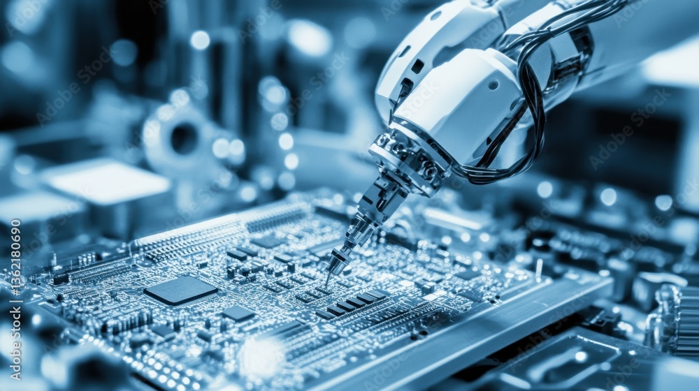 Poster a high-tech robotic arm carefully assembling microchips in a clean lab.