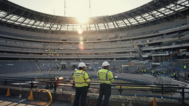 Construction workers at the construction of a stadium.