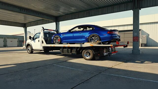 Crane truck transporting a car.