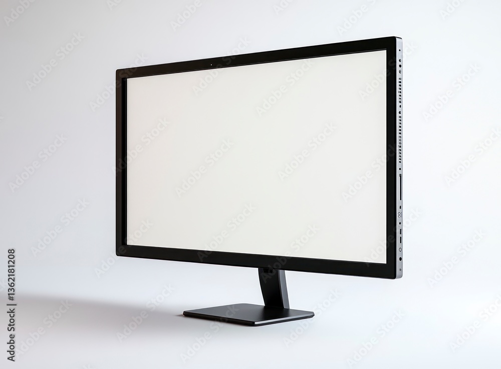 Poster modern computer monitor display on stand with blank white screen