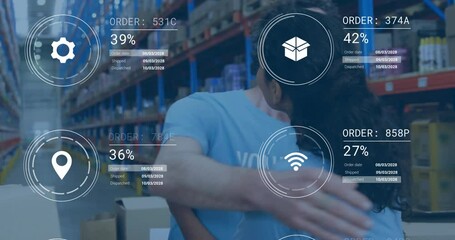 Volunteers in warehouse with data processing animation overlaying their activities - Powered by Adobe