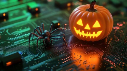 Cybersecurity Halloween: Jack-o'-lantern and spider on a digital circuit board, symbolizing the spooky side of online threats. Perfect for Halloween-themed cybersecurity awareness campaigns. illustra
