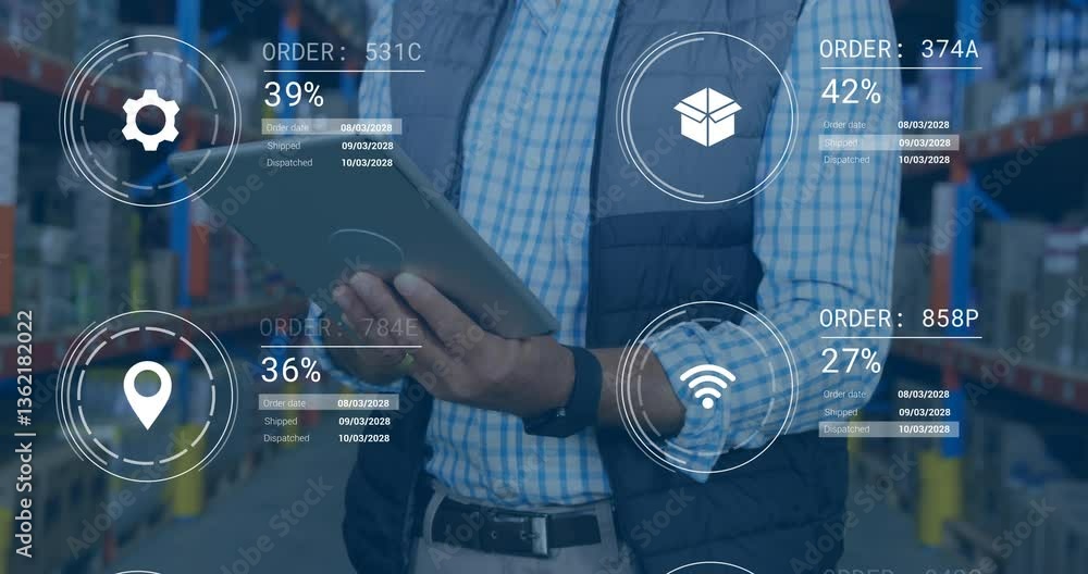 Poster using tablet with digital order tracking, warehouse worker managing inventory