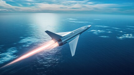 Fototapeta premium Futuristic hypersonic aircraft soaring over ocean, leaving bright trail.