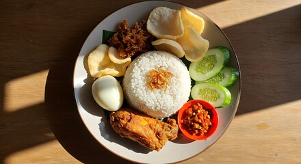 Indonesian Nasi Campur: Fried Chicken, Egg, & Crispy Crackers