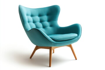 Fototapeta premium Isolated Turquoise Armchair with Wooden Legs and Cushion on White Background