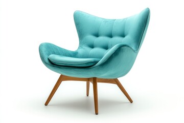 Elegant Turquoise Armchair with Tufted Back and Wooden Legs on White