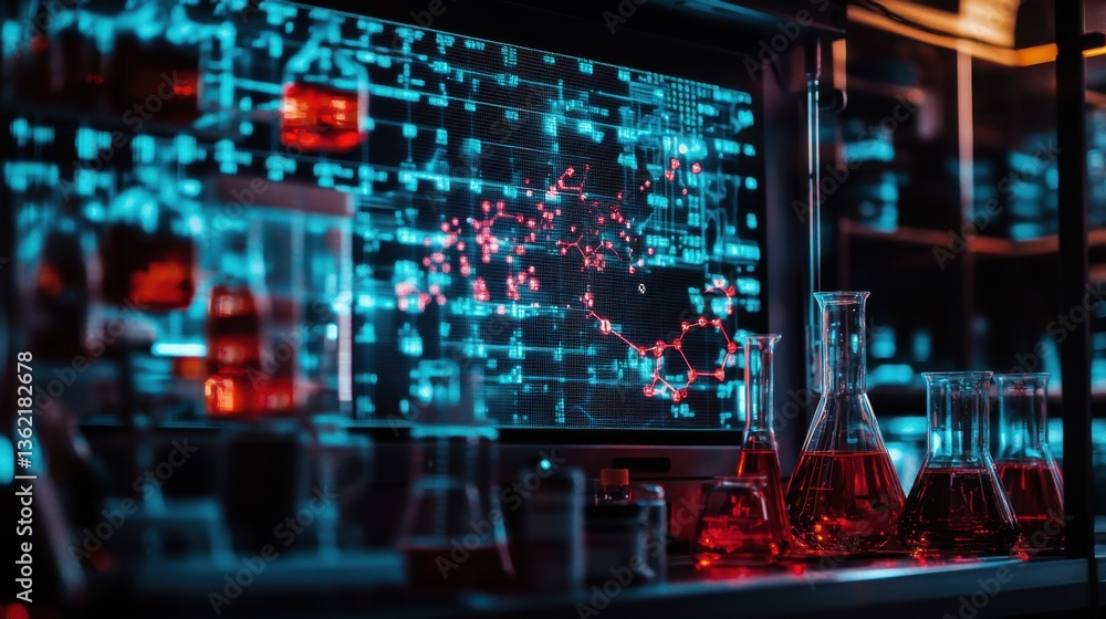 Poster a modern chemistry setup featuring transparent screens displaying atomic structures.