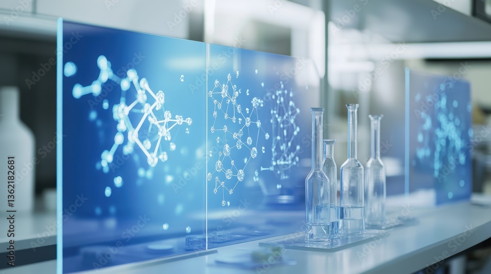 Poster a modern chemistry setup featuring transparent screens displaying atomic structures.