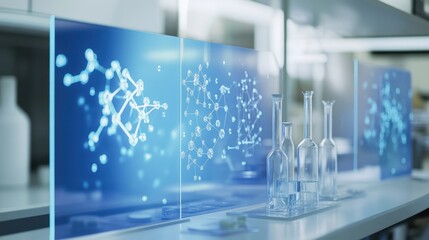 A modern chemistry setup featuring transparent screens displaying atomic structures.