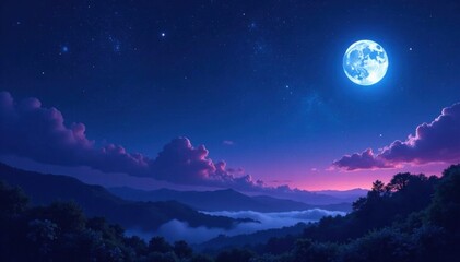 Fototapeta premium A starry night sky with a bright full moon and vibrant stars in shades of blue and purple, universe, stars, purple