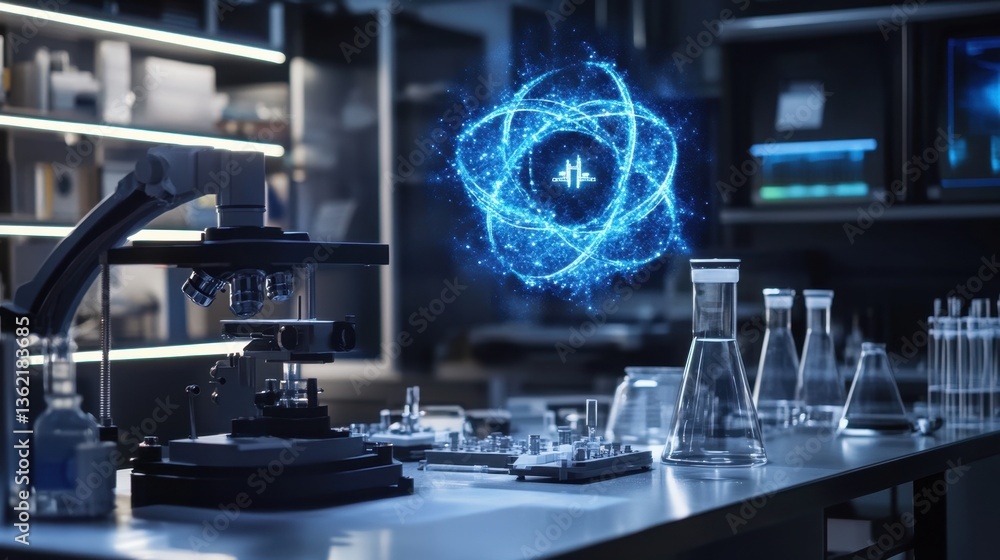 Poster a quantum physics equation floating in a futuristic laboratory environment.