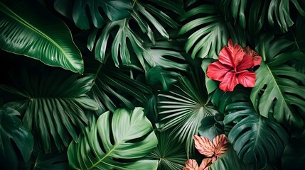 Lush tropical foliage with vibrant flowers