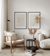 Minimalist living room with beige botanical prints, armchair, and pampas grass.