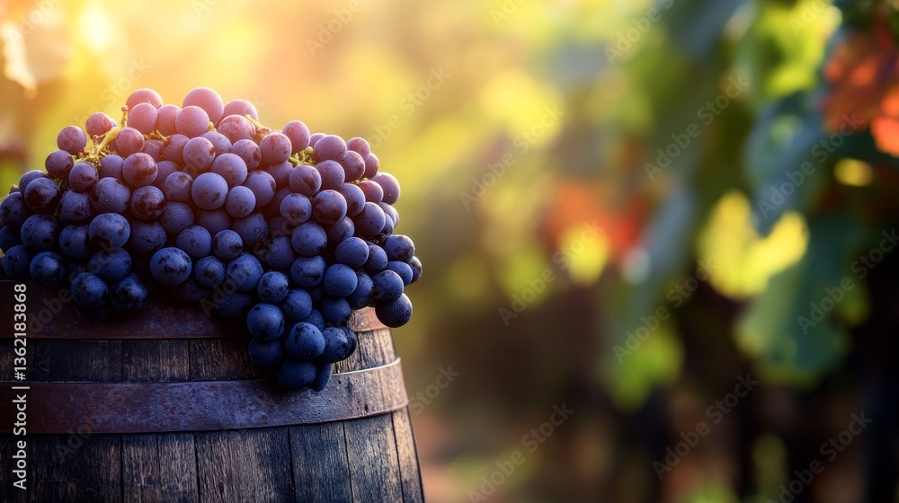 Poster vibrant clusters of dark grapes lie on a rustic barrel surrounded by lush vines. the warm sunlight f