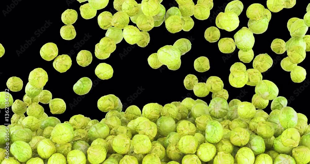 Poster cabbages falling and fill the screen. 3d animation on transparent background